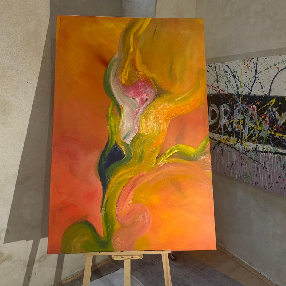 Abstract painting with flowing colorful shapes in orange, green and pink tones – Lily Glow Home Decor