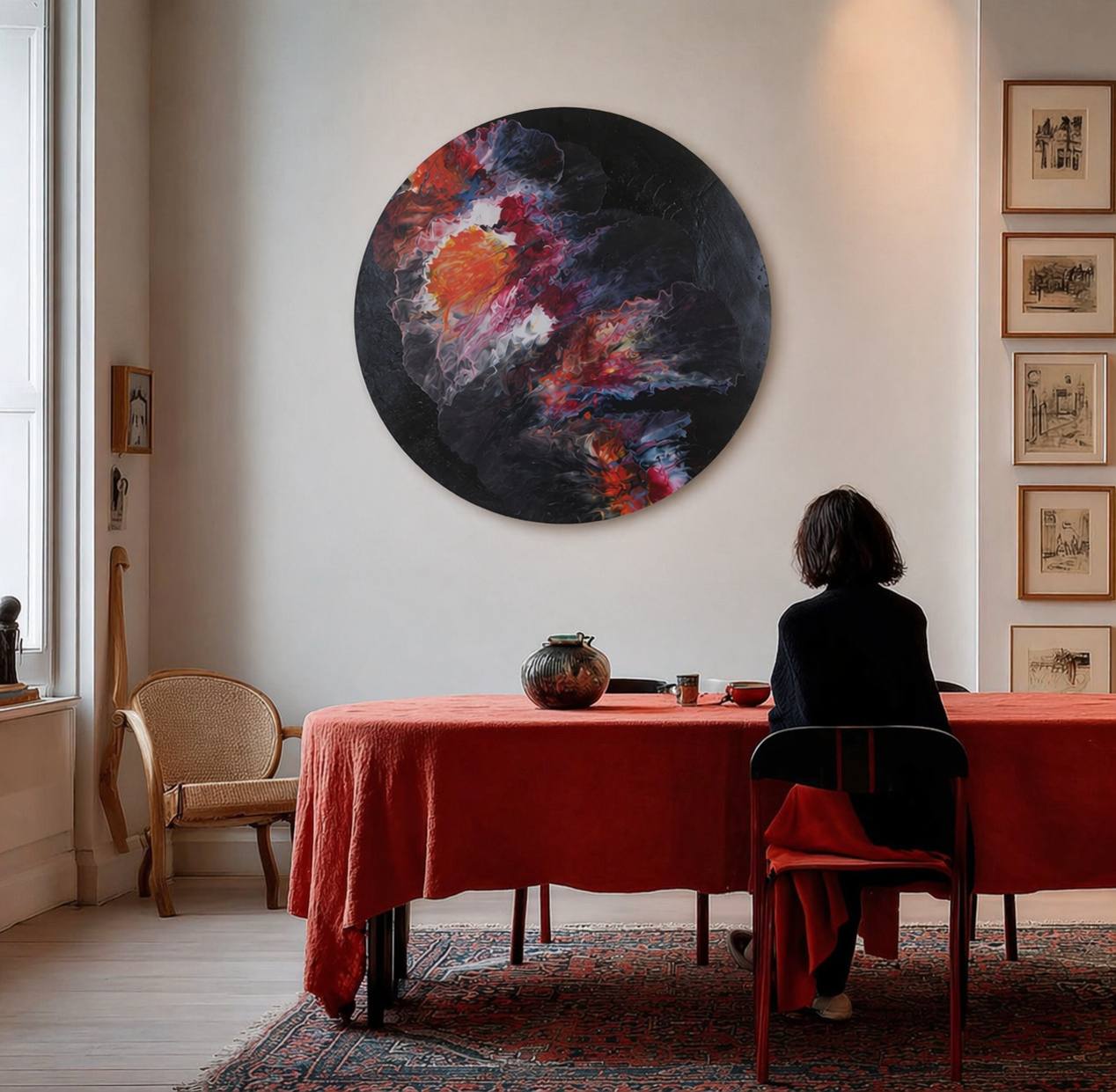 abstract round wall art, colorful modern painting, 70 cm acrylic painting, red orange wall decor, large circular canvas, bold texture art, Lily Glow Decor