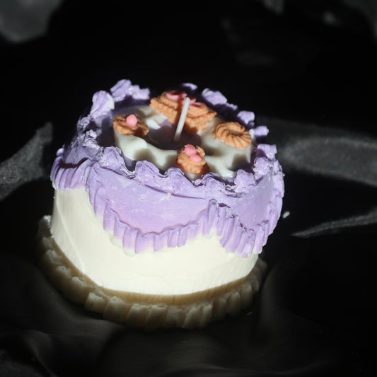 Decorative lilac cake candle with biscuit details by Lily Glow Home Decor