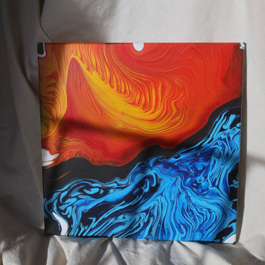 Abstract painting in red, yellow, and blue tones on canvas by Lily Glow Decor