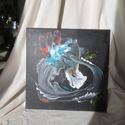 Modern abstract canvas artwork displayed with fabric backdrop, 45x45 cm by Lily Glow Decor