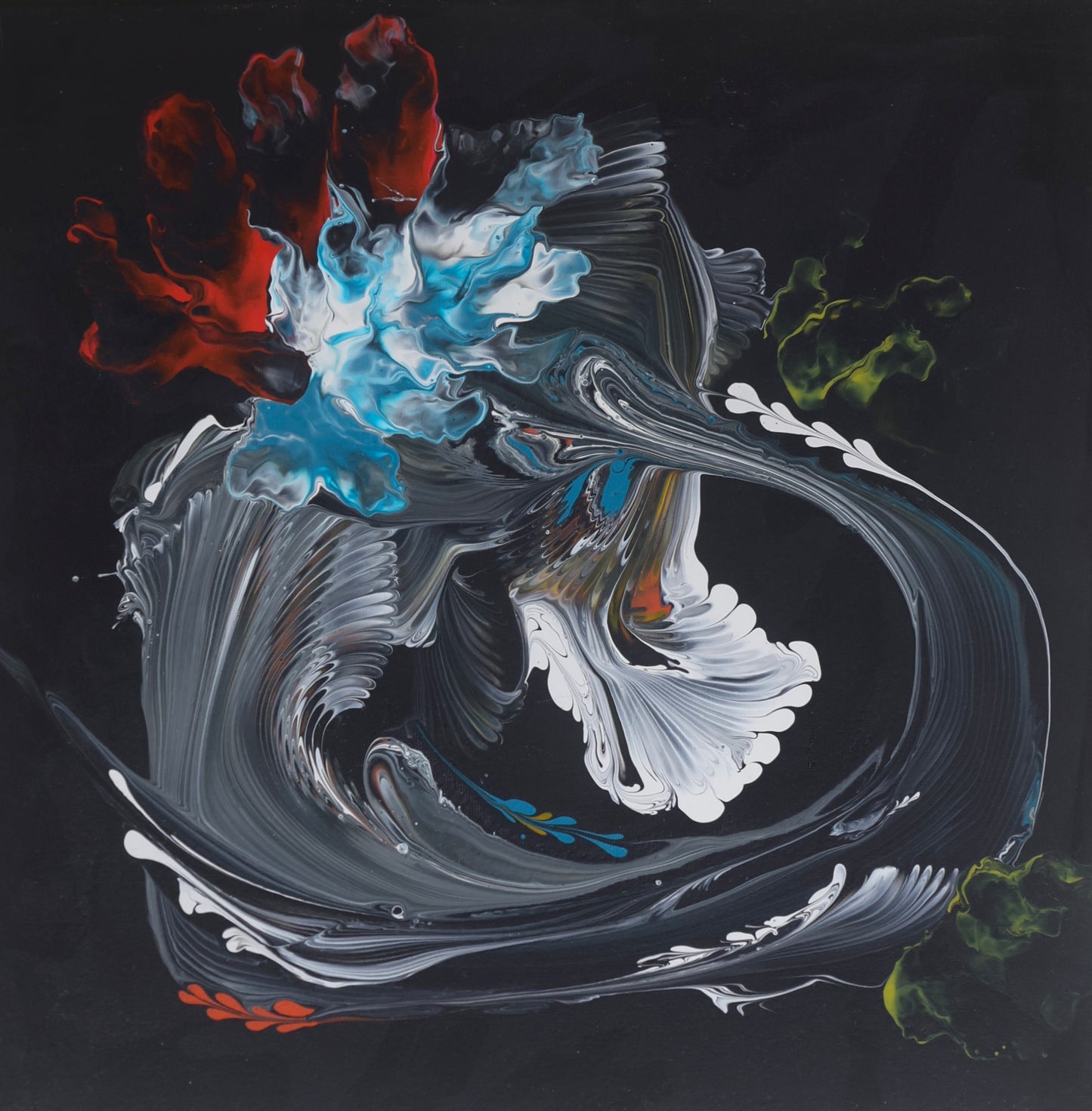Abstract painting on black background with red, blue, and white strokes, 45x45 cm by Lily Glow Decor