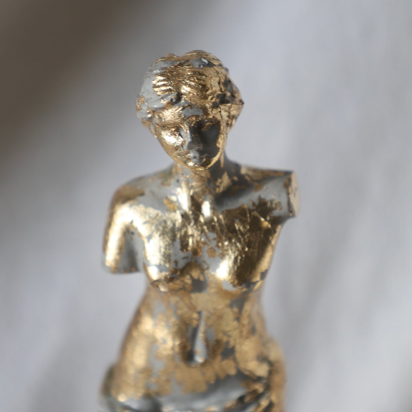 Gold Venus sculpture by Lily Glow Decor with antique finish on soft fabric background