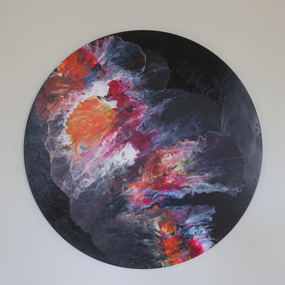 abstract round wall art, colorful modern painting, 70 cm acrylic painting, red orange wall decor, large circular canvas, bold texture art, Lily Glow Decor