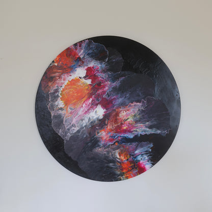 abstract round wall art, colorful modern painting, 70 cm acrylic painting, red orange wall decor, large circular canvas, bold texture art, Lily Glow Decor