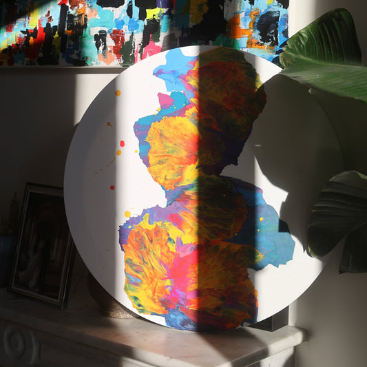 Round abstract painting with vivid red and yellow details | Lily Glow Home Decor