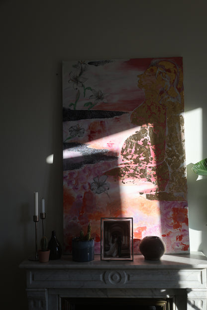 Abstract feminine silhouette with gold leaf on pink canvas – Lily Glow Home Decor