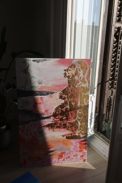 Abstract feminine silhouette with gold leaf on pink canvas – Lily Glow Home Decor