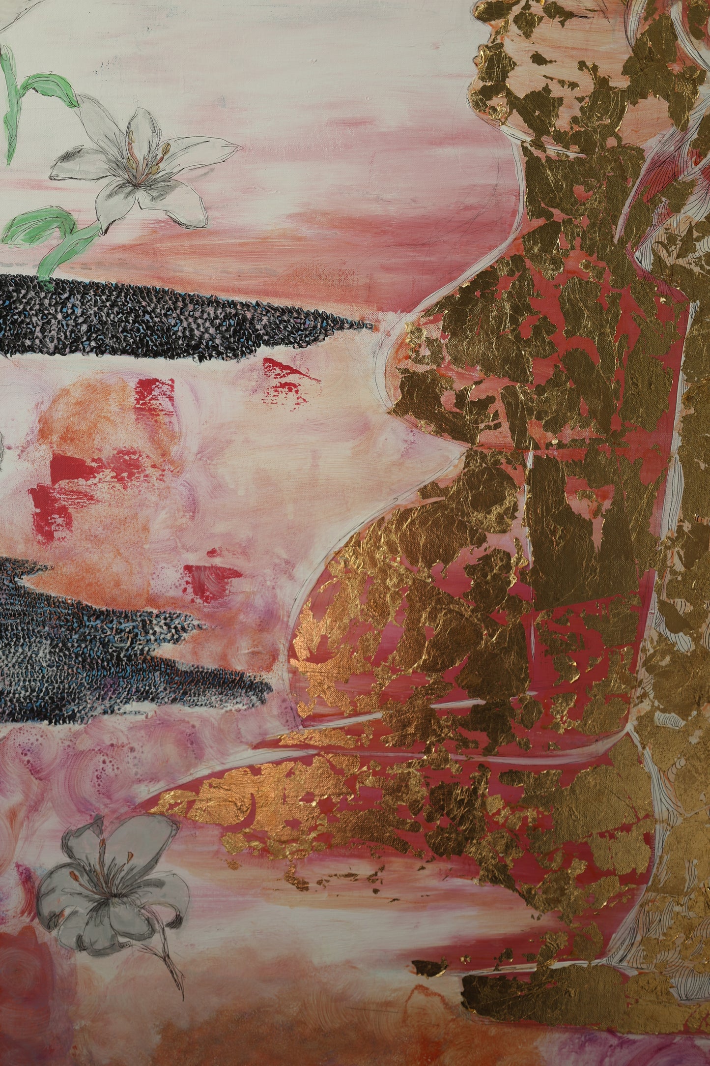 Abstract feminine silhouette with gold leaf on pink canvas – Lily Glow Home Decor