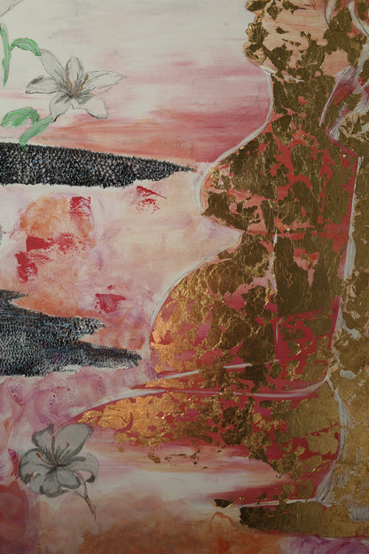 Abstract feminine silhouette with gold leaf on pink canvas – Lily Glow Home Decor