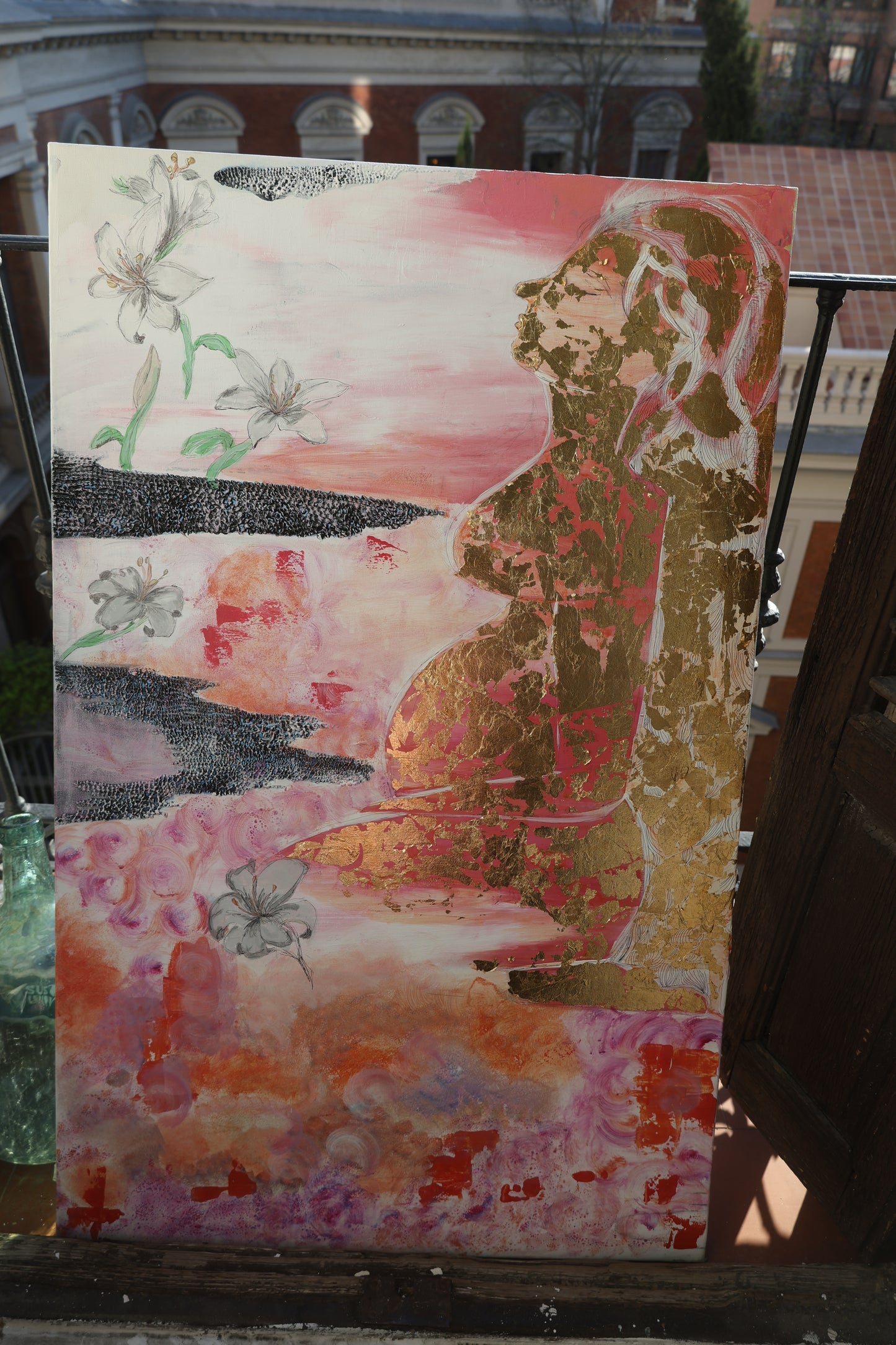 Abstract feminine silhouette with gold leaf on pink canvas – Lily Glow Home Decor