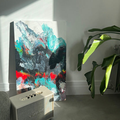 Abstract fluid art painting in black, red, turquoise, and white tones – Lily Glow Decor