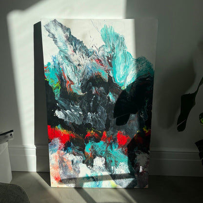 Abstract fluid art painting in black, red, turquoise, and white tones – Lily Glow Decor