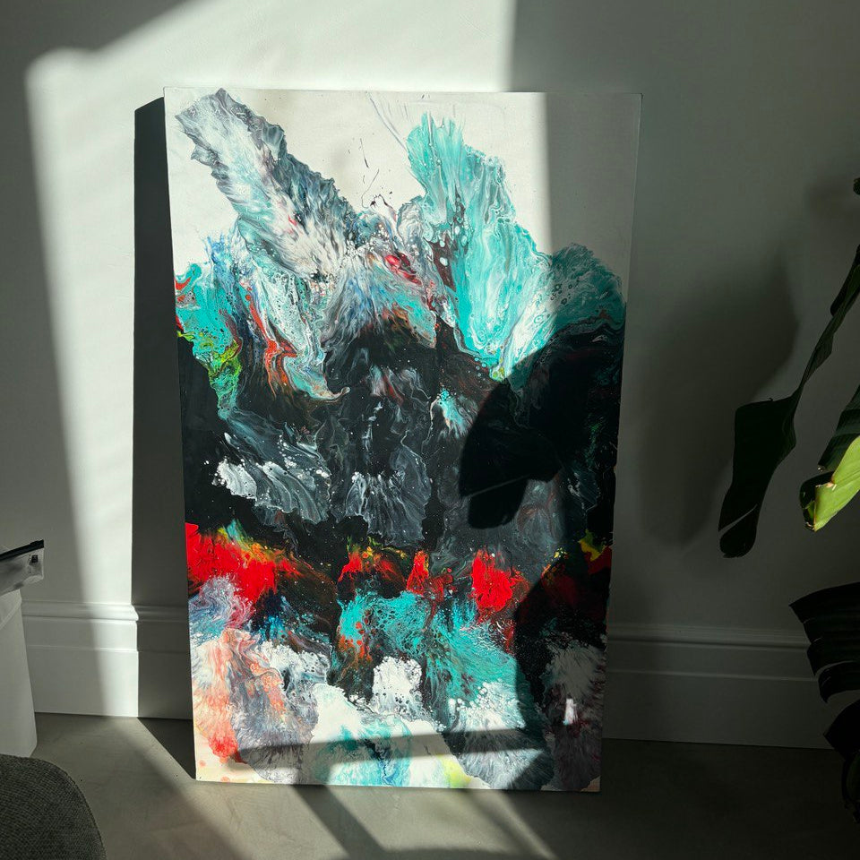 Abstract fluid art painting in black, red, turquoise, and white tones – Lily Glow Decor