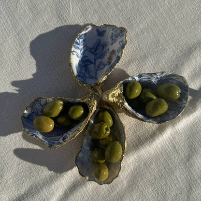 Hand-painted oyster shell dish with blue botanical pattern and gold trim – Lily Glow Home Decor