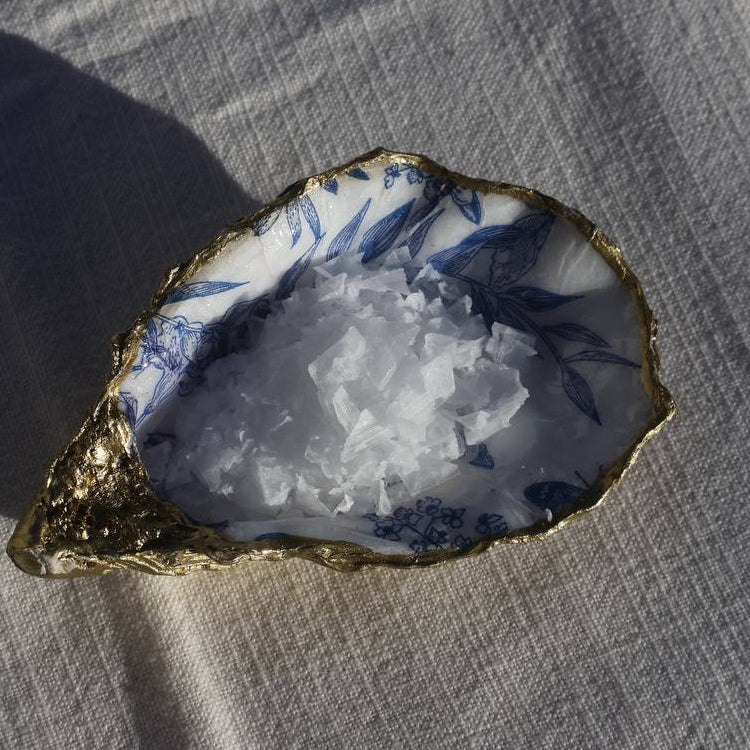 Hand-painted oyster shell dish with blue botanical pattern and gold trim – Lily Glow Home Decor