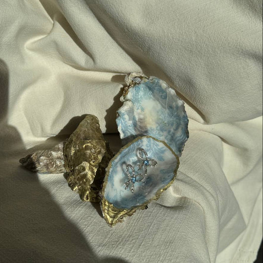 Hand-painted oyster shell dish with blue botanical pattern and gold trim – Lily Glow Home Decor