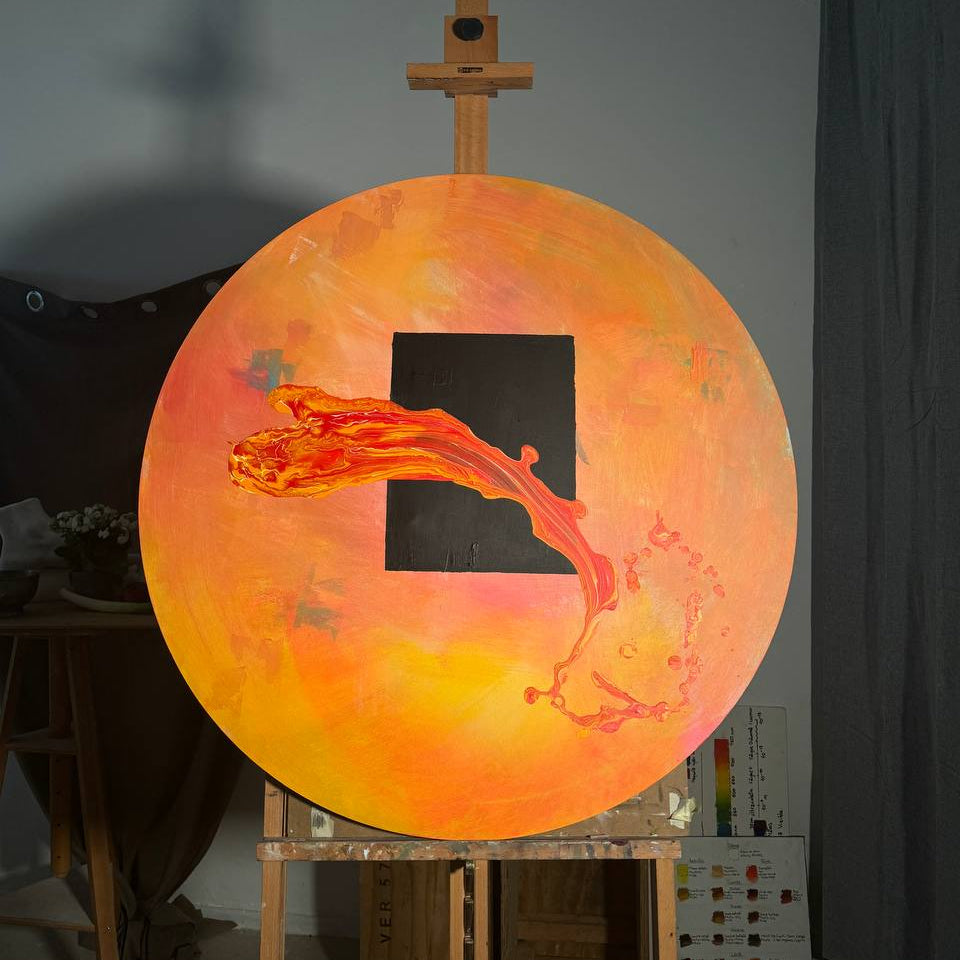 Circular abstract painting with black square and red-orange motion by Lily Glow Decor