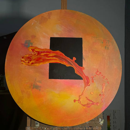 Circular abstract painting with black square and red-orange motion by Lily Glow Decor