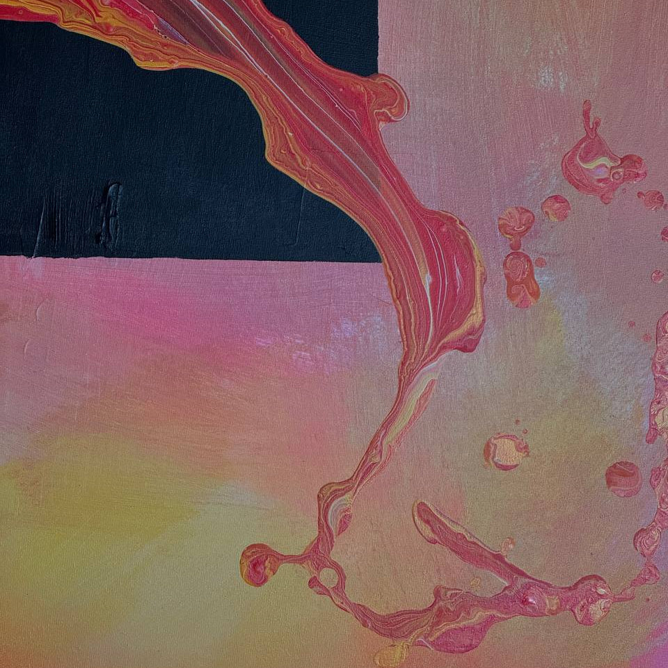Circular abstract painting with black square and red-orange motion by Lily Glow Decor