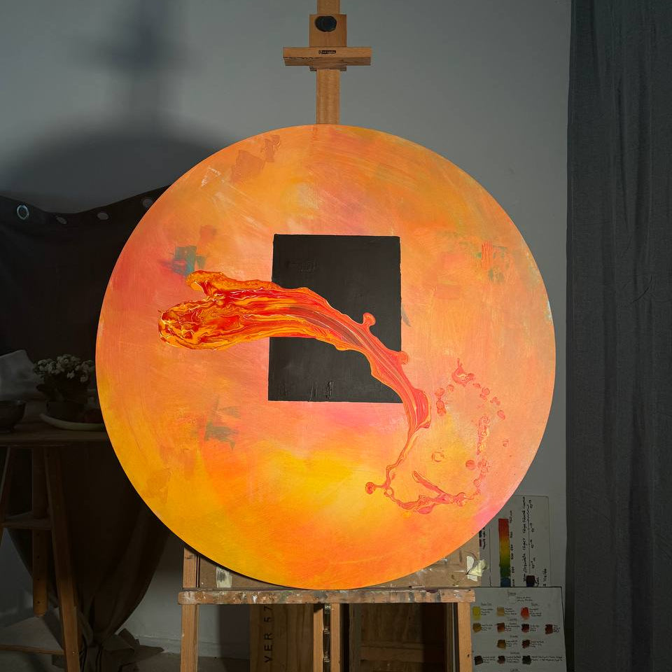 Circular abstract painting with black square and red-orange motion by Lily Glow Decor