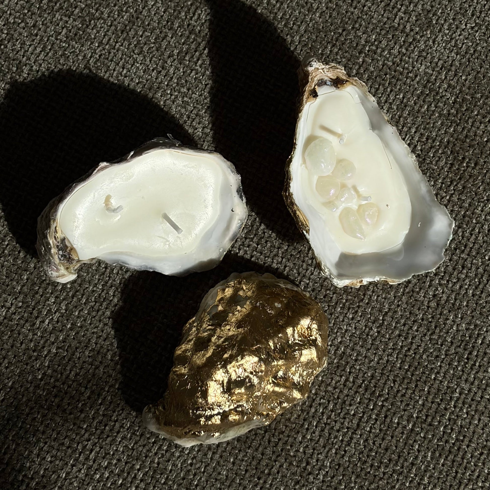 Gold-edged oyster shell candle with iridescent wax pearls – Lily Glow Home Decor