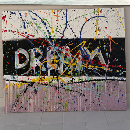 Large colorful abstract painting with word "DREAM" and bold splashes – Lily Glow Decor
