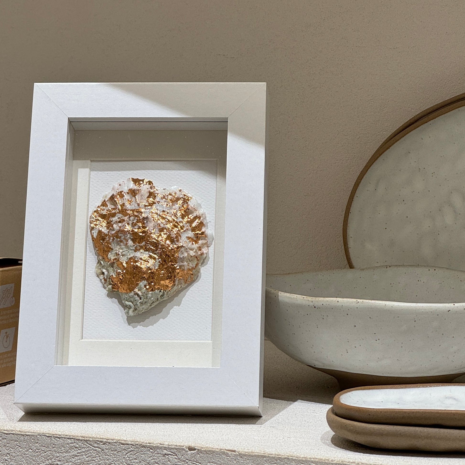 Natural oyster shell in white frame, coastal wall accent | Lily Glow Decor