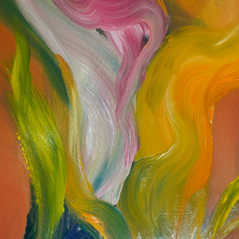 Abstract painting with flowing colorful shapes in orange, green and pink tones – Lily Glow Home Decor