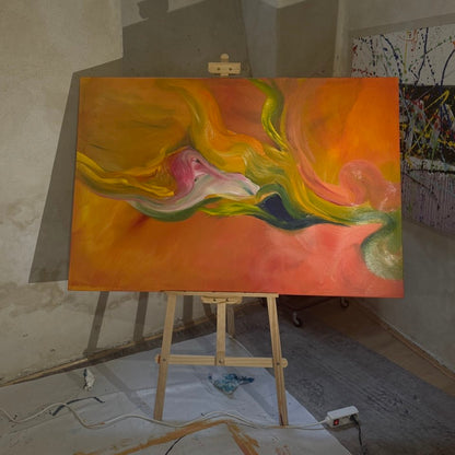 Abstract painting with flowing colorful shapes in orange, green and pink tones – Lily Glow Home Decor