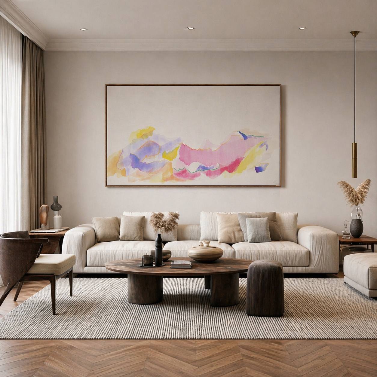 Soft abstract painting with pastel colors in pink, yellow and lavender tones – Lily Glow Decor