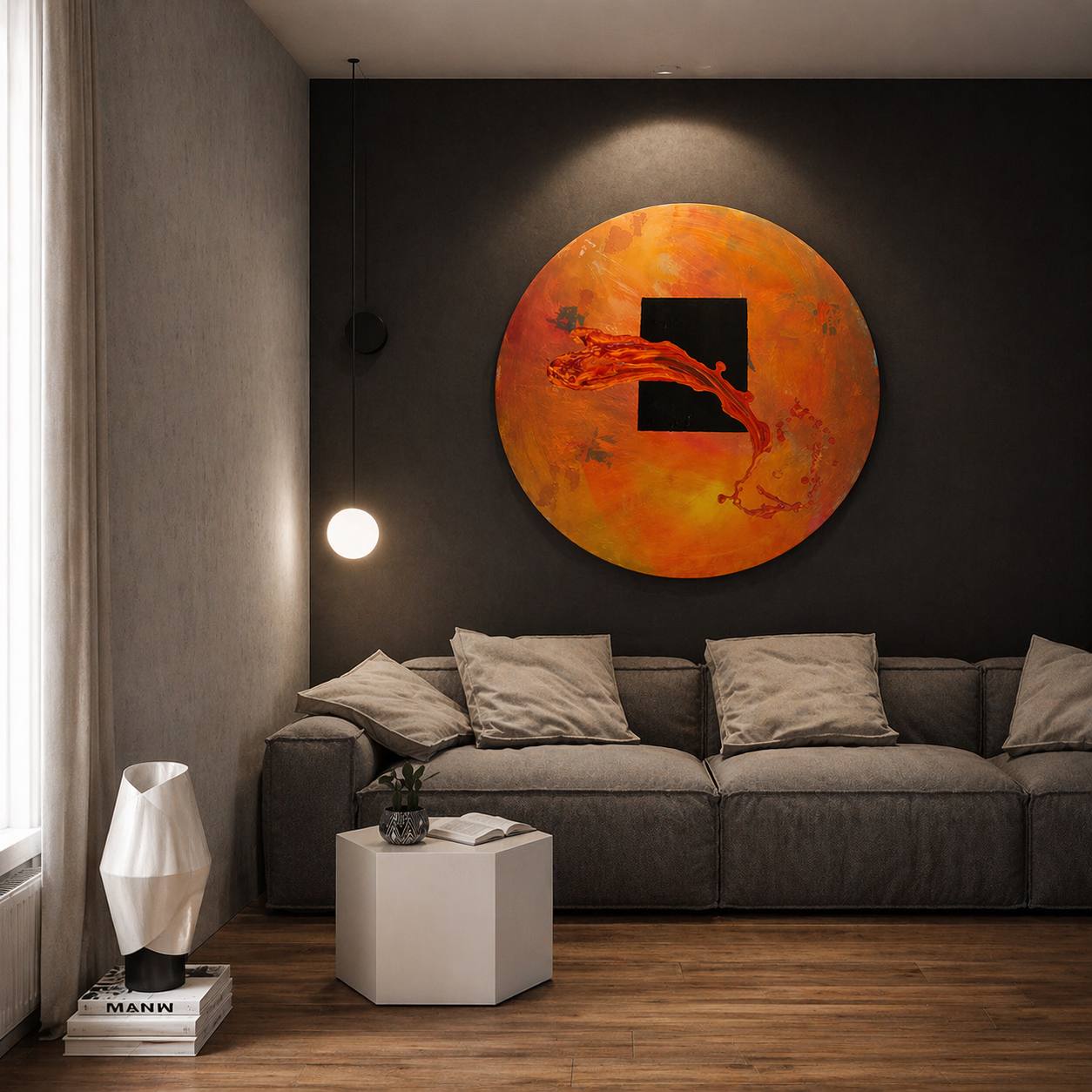Circular abstract painting with black square and red-orange motion by Lily Glow Decor
