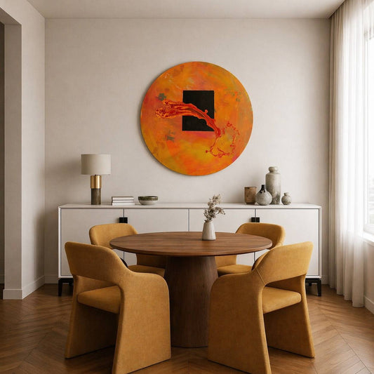 Circular abstract painting with black square and red-orange motion by Lily Glow Decor