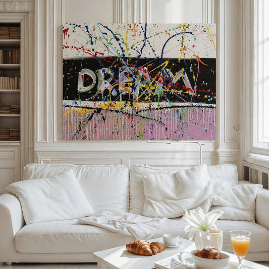 Large colorful abstract painting with word "DREAM" and bold splashes – Lily Glow Decor