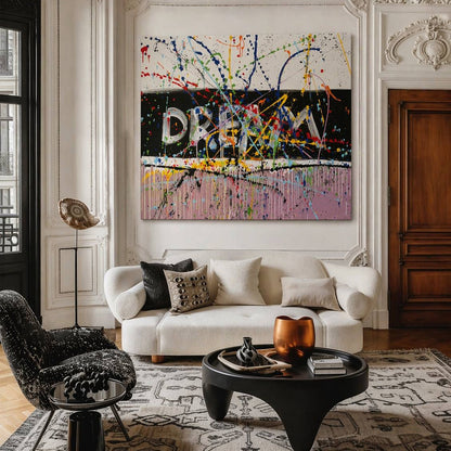 Large colorful abstract painting with word "DREAM" and bold splashes – Lily Glow Decor
