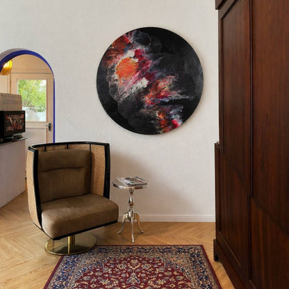 abstract round wall art, colorful modern painting, 70 cm acrylic painting, red orange wall decor, large circular canvas, bold texture art, Lily Glow Decor