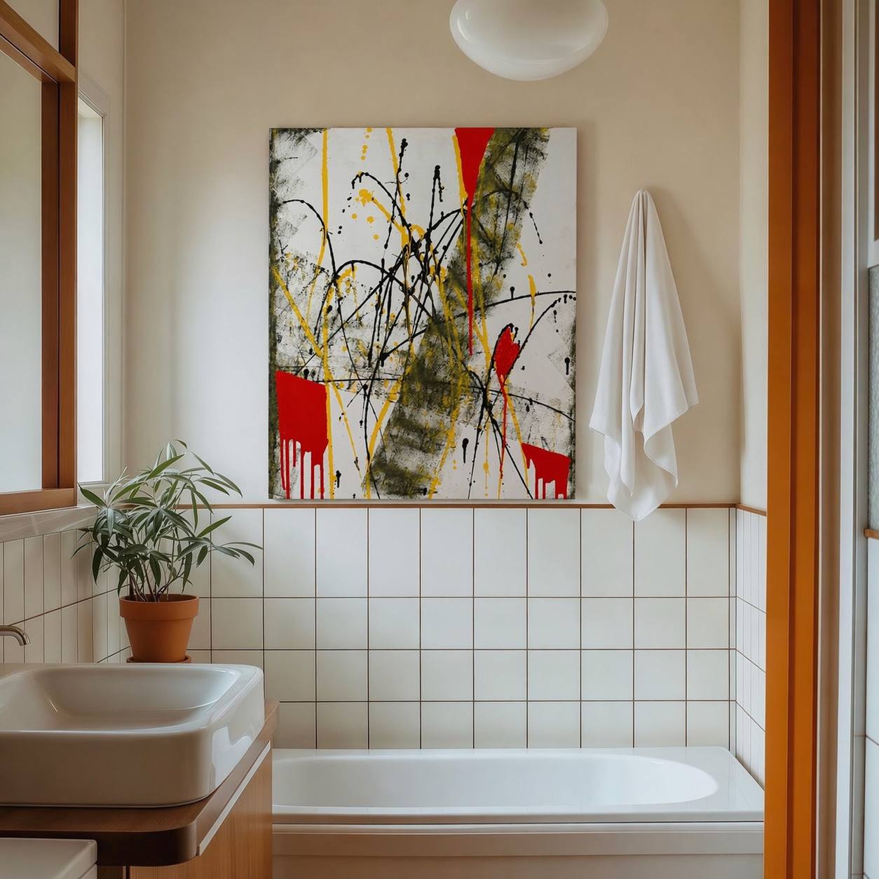 Abstract canvas with red, yellow and black splashes – Lily Glow Decor