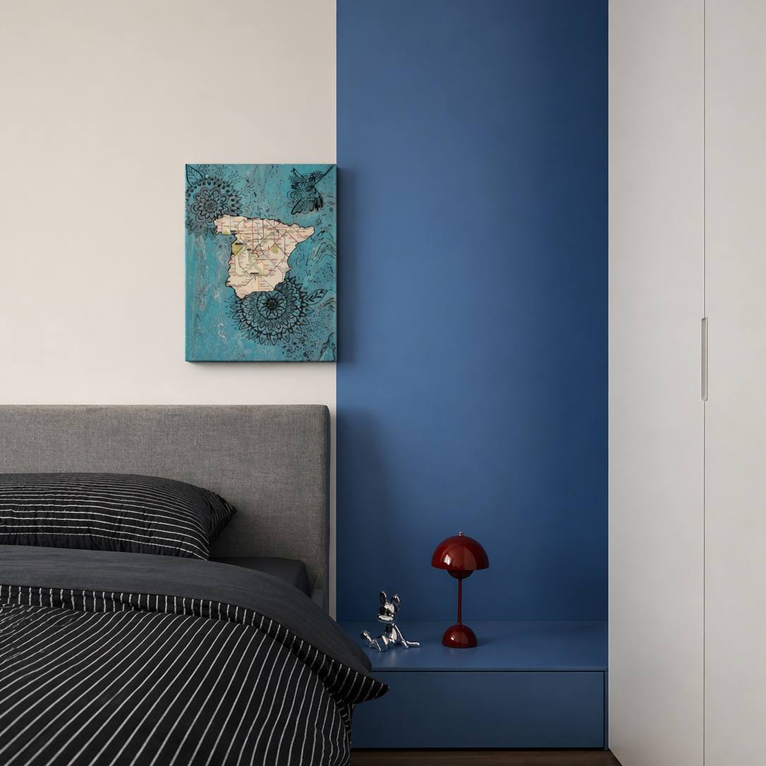 Abstract painting with map detail and black line art on turquoise background – Lily Glow Decor