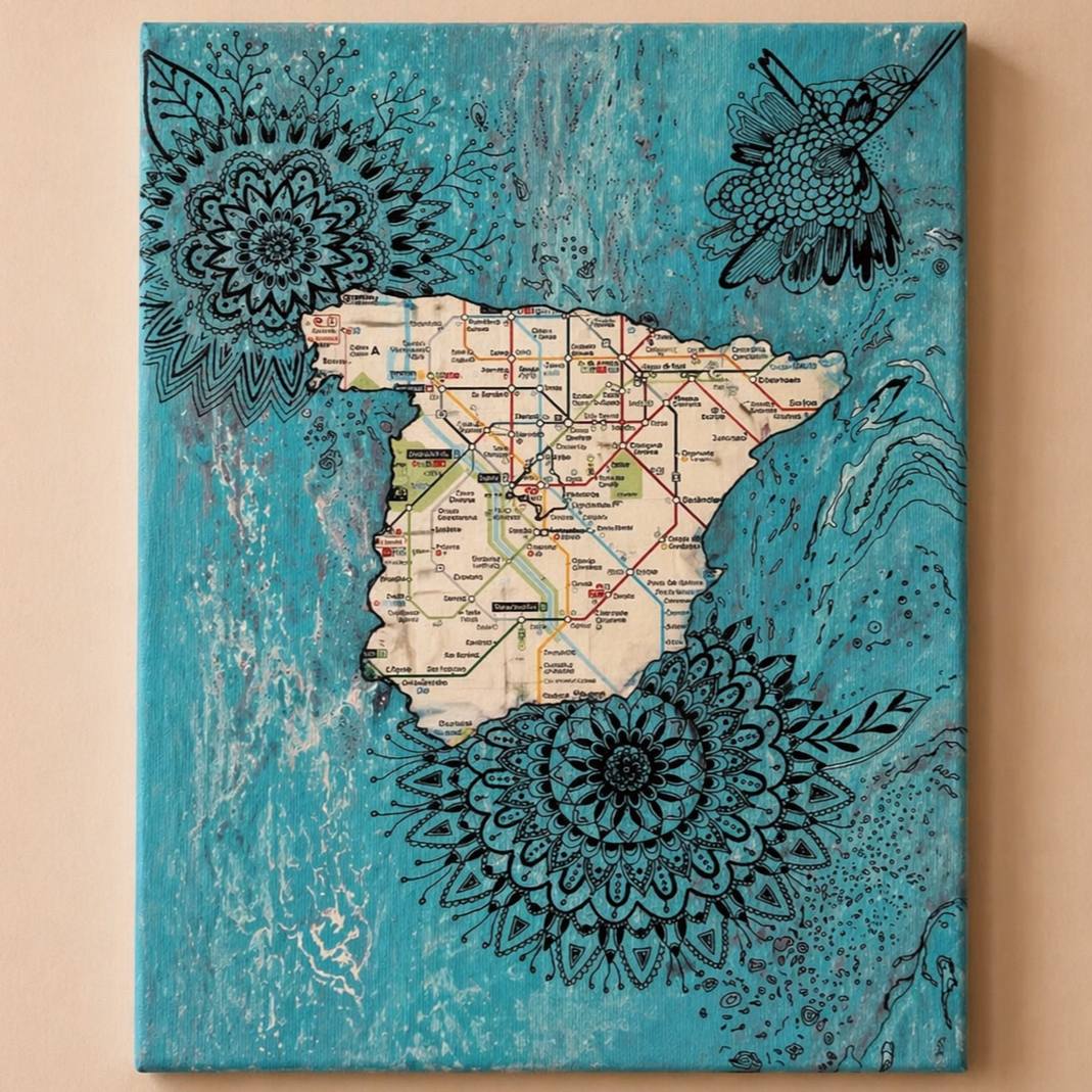 Abstract painting with map detail and black line art on turquoise background – Lily Glow Decor