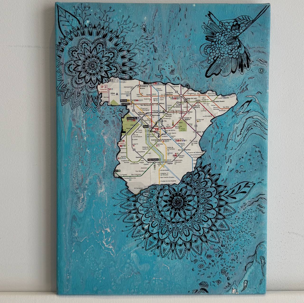 Abstract painting with map detail and black line art on turquoise background – Lily Glow Decor