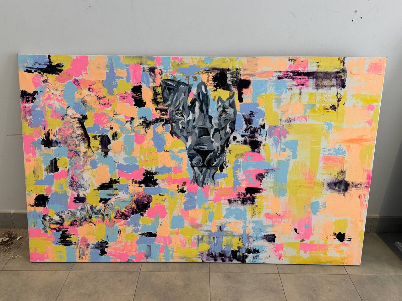 Abstract painting with wolf and colorful brushstrokes – Lily Glow Decor