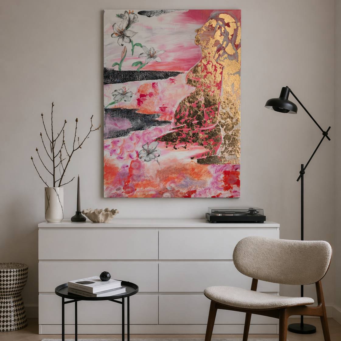 Abstract feminine silhouette with gold leaf on pink canvas – Lily Glow Decor