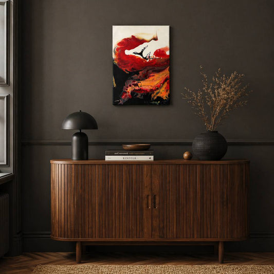 Abstract fluid painting in red, orange and black tones – Lily Glow Decor