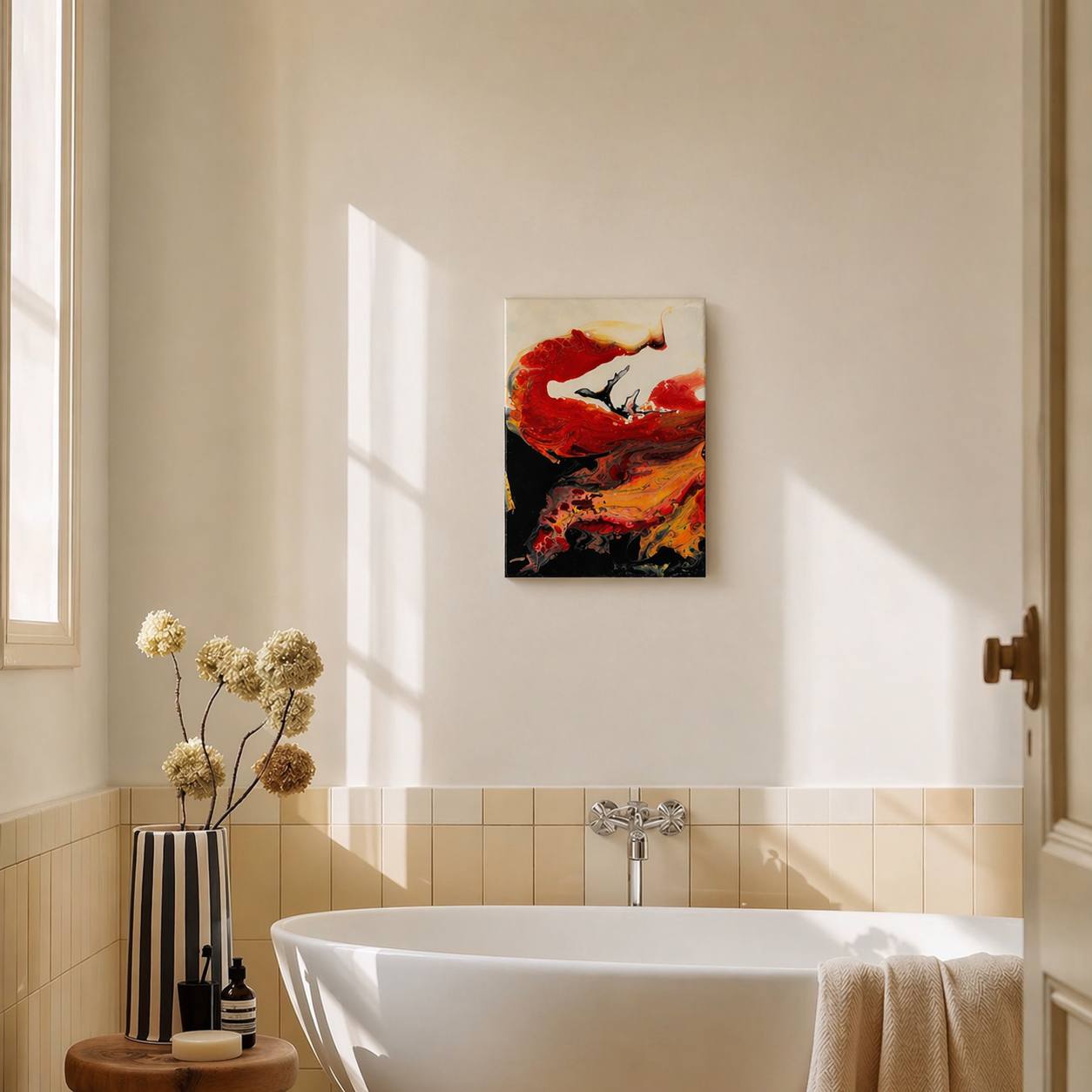 Abstract fluid painting in red, orange and black tones – Lily Glow Decor