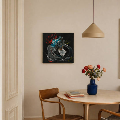 Abstract painting on black background with red, blue, and white strokes, 45x45 cm by Lily Glow Decor