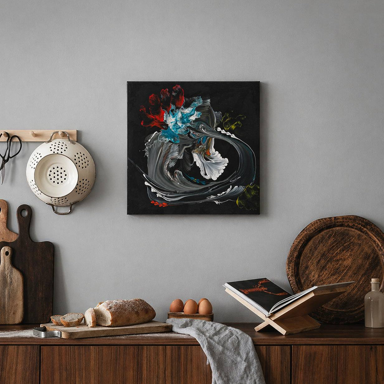 Abstract painting on black background with red, blue, and white strokes, 45x45 cm by Lily Glow Decor