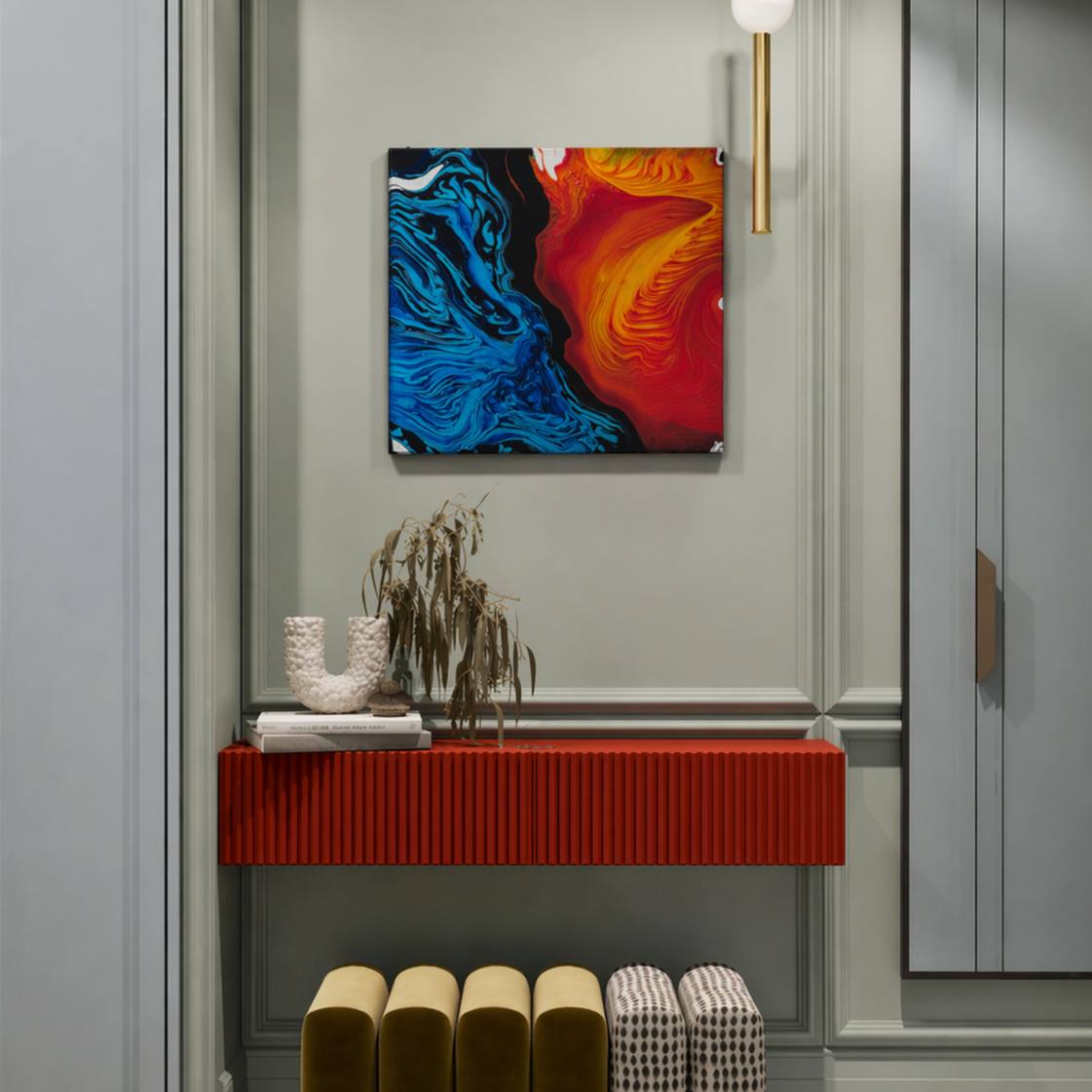 Abstract painting in red, yellow, and blue tones on canvas by Lily Glow Decor