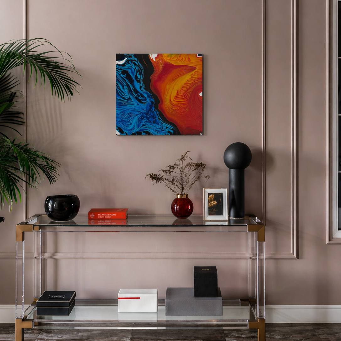 Abstract painting in red, yellow, and blue tones on canvas by Lily Glow Decor