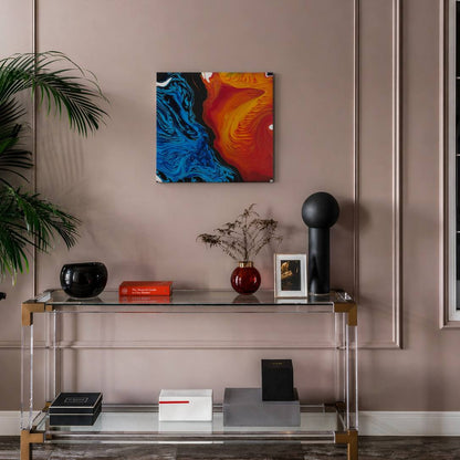 Abstract painting in red, yellow, and blue tones on canvas by Lily Glow Decor