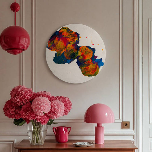 Round abstract painting with vivid red and yellow details | Lily Glow Decor